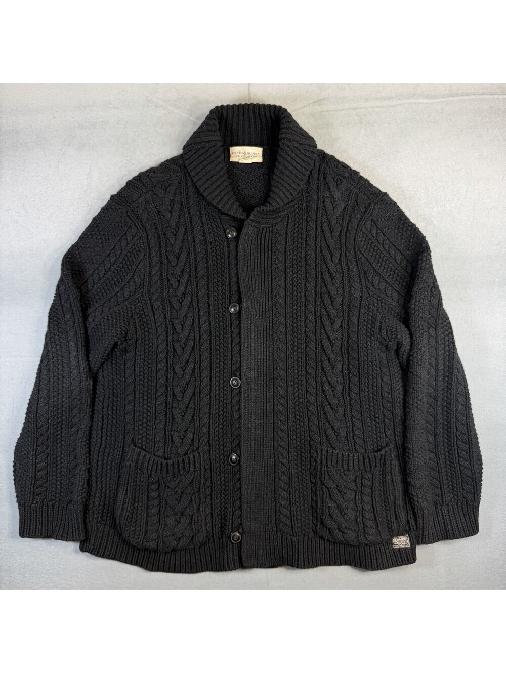 Ralph Lauren Denim & Supply Cable Knit Cardigan Mens XXL Washed Black Zip Heavy